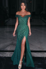 Fashion Green Off Shoulder Sequins Side Slit Ruffles Prom Dress Fashion Green Off Shoulder Sequins Side Slit Ruffles Prom Dress