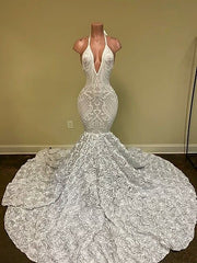 Fashion White Halter Backless Mermaid Flower Bottom Prom Dress Fashion White Halter Backless Mermaid Flower Bottom Prom Dress
