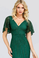 Glamorous Green Short Sleeve Prom Dress Long Mermaid Evening Gowns With Beadings Glamorous Green Short Sleeve Prom Dress Long Mermaid Evening Gowns With Beadings