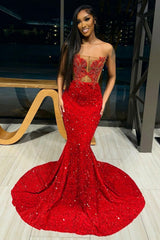 Glamorous Red Mermaid Strapless Sequins Appliques Prom Dress Glamorous Red Mermaid Strapless Sequins Appliques Prom Dress