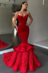 Glamorous Red Spaghetti Straps Mermaid Tiered Prom Dress Glamorous Red Spaghetti Straps Mermaid Tiered Prom Dress
