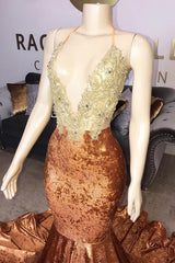Gold Brown Halter Mermaid Velvet Beadings Prom Dress Gold Brown Halter Mermaid Velvet Beadings Prom Dress