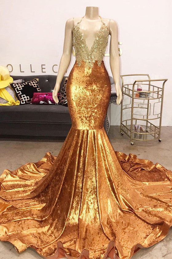 Gold Brown Halter Mermaid Velvet Beadings Prom Dress