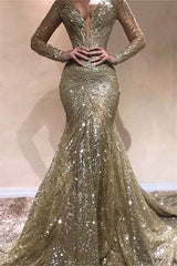 Gold Long Sleeves V-Neck Mermaid Ruffles Beads Prom Dress Gold Long Sleeves V-Neck Mermaid Ruffles Beads Prom Dress