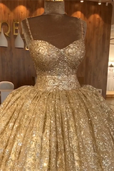 Gold Sequins Spaghetti Straps Lace Up Beadings Ball Gown for Party Gold Sequins Spaghetti Straps Lace Up Beadings Ball Gown for Party
