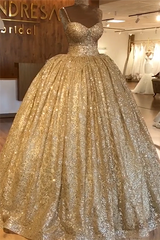 Gold Sequins Spaghetti Straps Lace Up Beadings Ball Gown for Party Gold Sequins Spaghetti Straps Lace Up Beadings Ball Gown for Party
