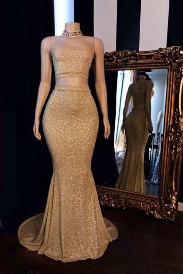 Gold Sequins Two Pieces Strapless Mermaid Prom Dress