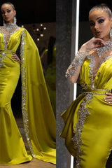 Gold Yellow High Neck Ruffles Long Sleeves Prom Dress with Crystal Gold Yellow High Neck Ruffles Long Sleeves Prom Dress with Crystal