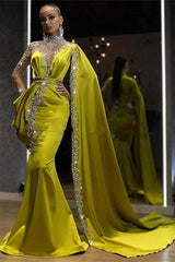 Gold Yellow High Neck Ruffles Long Sleeves Prom Dress with Crystal Gold Yellow High Neck Ruffles Long Sleeves Prom Dress with Crystal