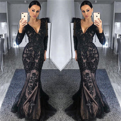Gorgeous Black Long Sleeve V-Neck Appliques Prom Dress with Beadings Gorgeous Black Long Sleeve V-Neck Appliques Prom Dress with Beadings