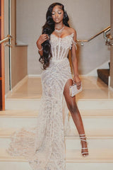 Gorgeous White Sweetheart Lace Side Slit Prom Dress with Appliques Gorgeous White Sweetheart Lace Side Slit Prom Dress with Appliques