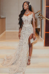 Gorgeous White Sweetheart Lace Side Slit Prom Dress with Appliques Gorgeous White Sweetheart Lace Side Slit Prom Dress with Appliques