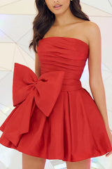 A line bra cute bow red short homecoming dress A line bra cute bow red short homecoming dress
