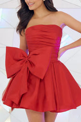 A line bra cute bow red short homecoming dress A line bra cute bow red short homecoming dress