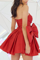 A line bra cute bow red short homecoming dress A line bra cute bow red short homecoming dress