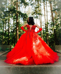 Hot Red Sweetheart Tulle Appliques V-neck Puffy Ball Prom Dress Hot Red Sweetheart Tulle Appliques V-neck Puffy Ball Prom Dress