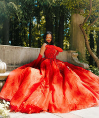 Hot Red Sweetheart Tulle Appliques V-neck Puffy Ball Prom Dress Hot Red Sweetheart Tulle Appliques V-neck Puffy Ball Prom Dress