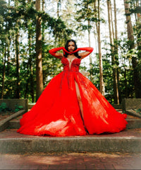 Hot Red Sweetheart Tulle Appliques V-neck Puffy Ball Prom Dress Hot Red Sweetheart Tulle Appliques V-neck Puffy Ball Prom Dress