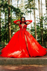 Hot Red Sweetheart Tulle Appliques V-neck Puffy Ball Prom Dress Hot Red Sweetheart Tulle Appliques V-neck Puffy Ball Prom Dress