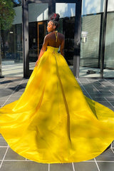Hot Yellow Halter Open Back Beads Side Slit Ball Gown Prom Dress Hot Yellow Halter Open Back Beads Side Slit Ball Gown Prom Dress