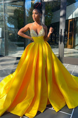 Hot Yellow Halter Open Back Beads Side Slit Ball Gown Prom Dress Hot Yellow Halter Open Back Beads Side Slit Ball Gown Prom Dress