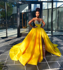 Hot Yellow Halter Open Back Beads Side Slit Ball Gown Prom Dress Hot Yellow Halter Open Back Beads Side Slit Ball Gown Prom Dress