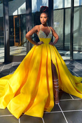 Hot Yellow Halter Open Back Beads Side Slit Ball Gown Prom Dress Hot Yellow Halter Open Back Beads Side Slit Ball Gown Prom Dress