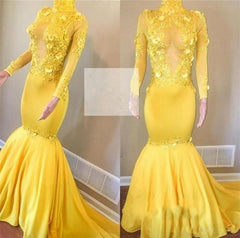 Hot Yellow High Neck Long Sleeves Mermaid Appliques Sexy Prom Dress Hot Yellow High Neck Long Sleeves Mermaid Appliques Sexy Prom Dress