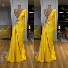 Hot Yellow Long Sleeves Ruffles Sheath Crystal Prom Dress Hot Yellow Long Sleeves Ruffles Sheath Crystal Prom Dress