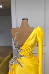 Hot Yellow Long Sleeves Ruffles Sheath Crystal Prom Dress Hot Yellow Long Sleeves Ruffles Sheath Crystal Prom Dress