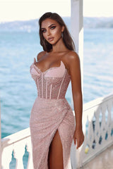 Modern Pink Sweetheart Sequins Evening Dress Mermaid Long With Slit Modern Pink Sweetheart Sequins Evening Dress Mermaid Long With Slit