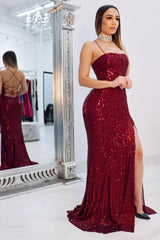 Modern Red Spaghetti Straps Open Back Side Slit Sequins Prom Dress Modern Red Spaghetti Straps Open Back Side Slit Sequins Prom Dress