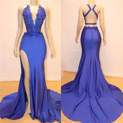 Modern Royal Blue Appliques V-Neck Open Back Mermaid Prom Dress Modern Royal Blue Appliques V-Neck Open Back Mermaid Prom Dress