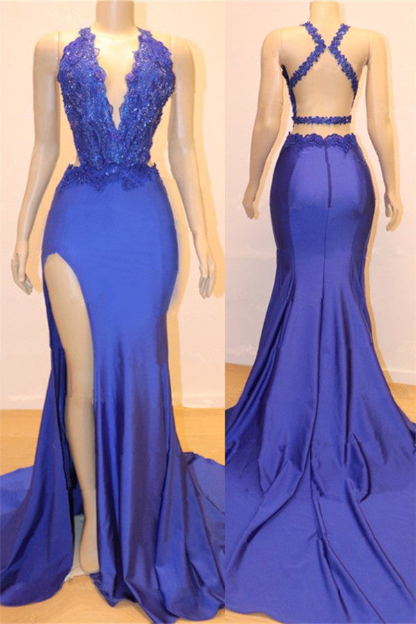 Modern Royal Blue Appliques V-Neck Open Back Mermaid Prom Dress