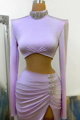 Pink High Neck Long Sleeves Side Slit Ruffles Crystal Prom Dress Pink High Neck Long Sleeves Side Slit Ruffles Crystal Prom Dress