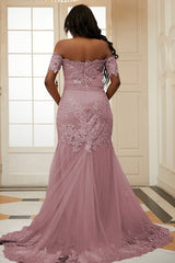 Pink Off Shoulder Tulle Appliques Side Slit Bespoke Prom Dresses Pink Off Shoulder Tulle Appliques Side Slit Bespoke Prom Dresses