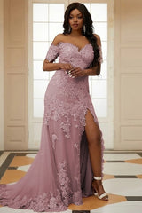 Pink Off Shoulder Tulle Appliques Side Slit Bespoke Prom Dresses Pink Off Shoulder Tulle Appliques Side Slit Bespoke Prom Dresses