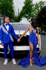 Royal Blue Modern Strapless Side Slit Appliques Prom Dress with Beadings Royal Blue Modern Strapless Side Slit Appliques Prom Dress with Beadings