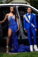 Royal Blue Modern Strapless Side Slit Appliques Prom Dress with Beadings Royal Blue Modern Strapless Side Slit Appliques Prom Dress with Beadings