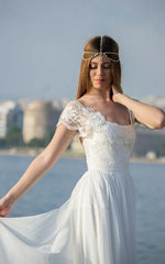 Scoop Cap Sleeves Backless Long Chiffon Lace Appliques Wedding Dress withTrain Scoop Cap Sleeves Backless Long Chiffon Lace Appliques Wedding Dress withTrain