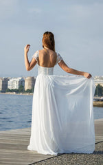 Scoop Cap Sleeves Backless Long Chiffon Lace Appliques Wedding Dress withTrain Scoop Cap Sleeves Backless Long Chiffon Lace Appliques Wedding Dress withTrain