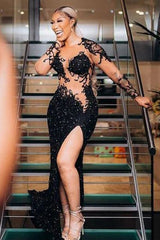 Sexy Black Long Sleeves Appliques Sequins Side Slit Prom Dress Sexy Black Long Sleeves Appliques Sequins Side Slit Prom Dress