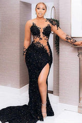 Sexy Black Long Sleeves Appliques Sequins Side Slit Prom Dress Sexy Black Long Sleeves Appliques Sequins Side Slit Prom Dress