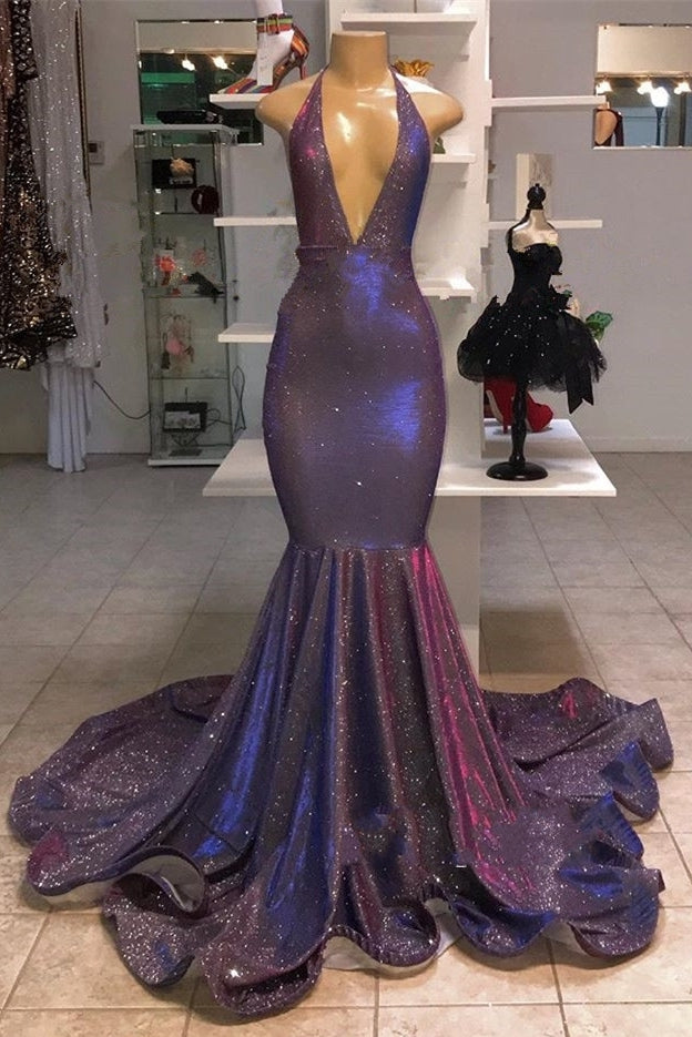 Sexy Purple Deep V-Neck Halter Sequins Mermaid Prom Dress
