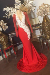 Sexy Red V-Neck Long Sleeves Appliques Mermaid Prom Dress Sexy Red V-Neck Long Sleeves Appliques Mermaid Prom Dress