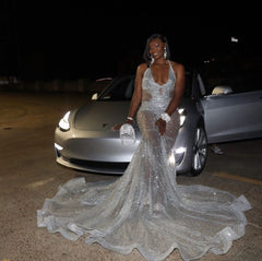 Sexy Silver Mermaid Lace Halter Appliques Prom Dress Sexy Silver Mermaid Lace Halter Appliques Prom Dress