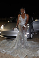 Sexy Silver Mermaid Lace Halter Appliques Prom Dress Sexy Silver Mermaid Lace Halter Appliques Prom Dress