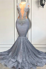 Silver Sequins Mermaid Sheer Tulle Prom Dress with Beads Silver Sequins Mermaid Sheer Tulle Prom Dress with Beads