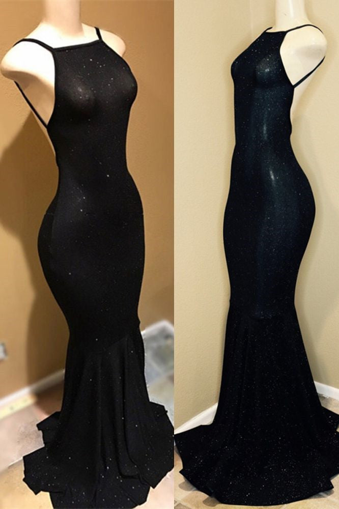 Simple Black Spaghetti Straps Backless Chic Prom Dresses