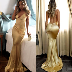Simple Gold Spaghetti Straps Ruffles Backless Prom Dress Simple Gold Spaghetti Straps Ruffles Backless Prom Dress